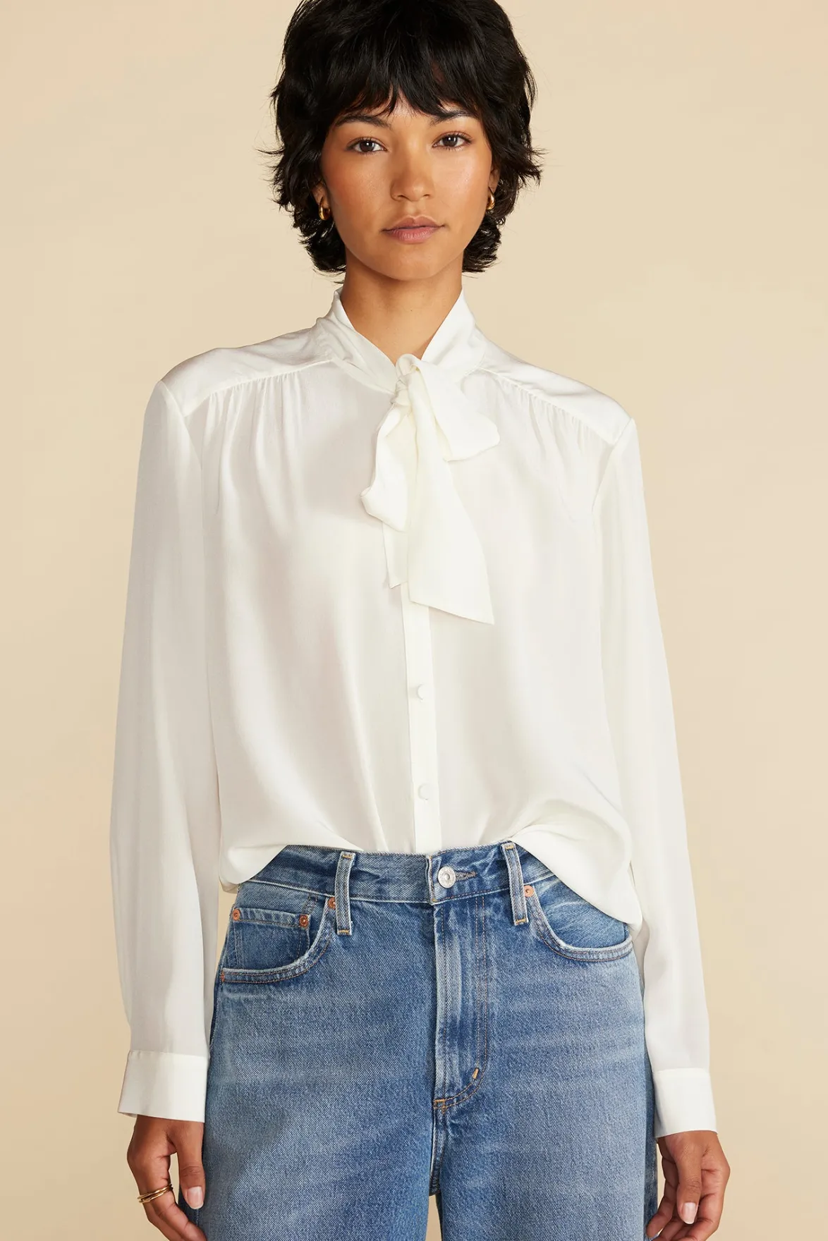 Blouses & Shirts|Tops^Amour Vert Milla Washable Silk Bow Blouse Ivory