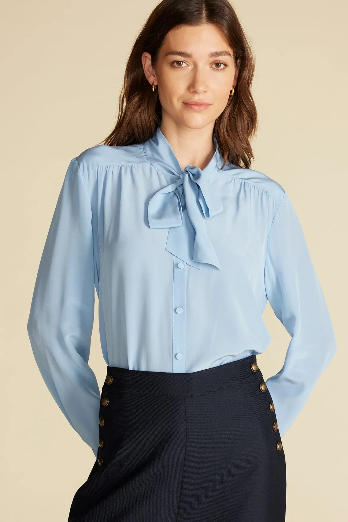 Blouses & Shirts|Tops^Amour Vert Milla Washable Silk Bow Blouse SkyBlue