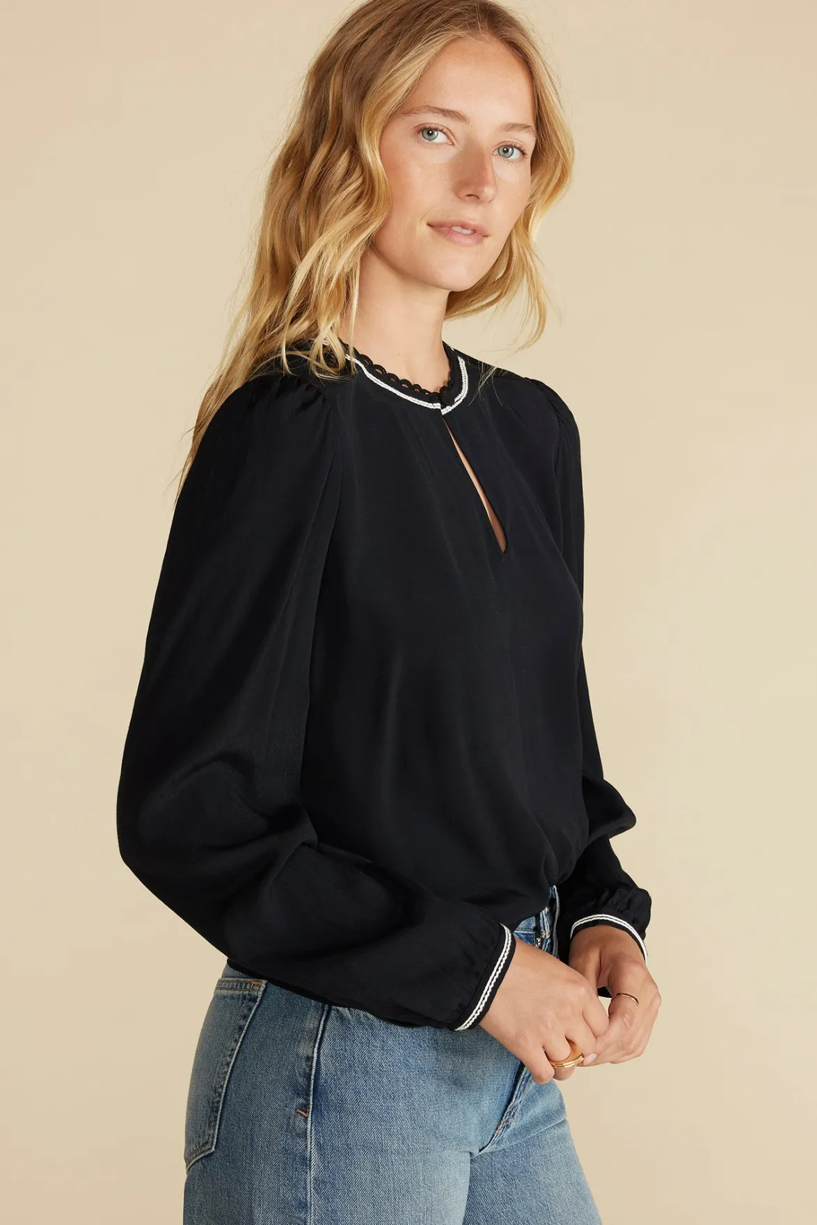 Blouses & Shirts|Tops^Amour Vert Minna Viscose Crepe Blouse BlackwithWhiteTrim