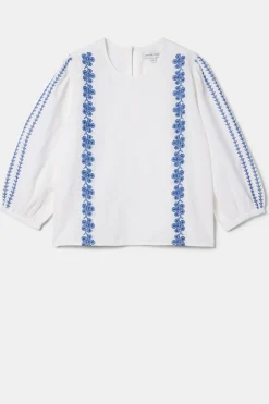 Tops|Clearance^Amour Vert Placed Embroidery Blouse WhiteCobaltEmbroidery