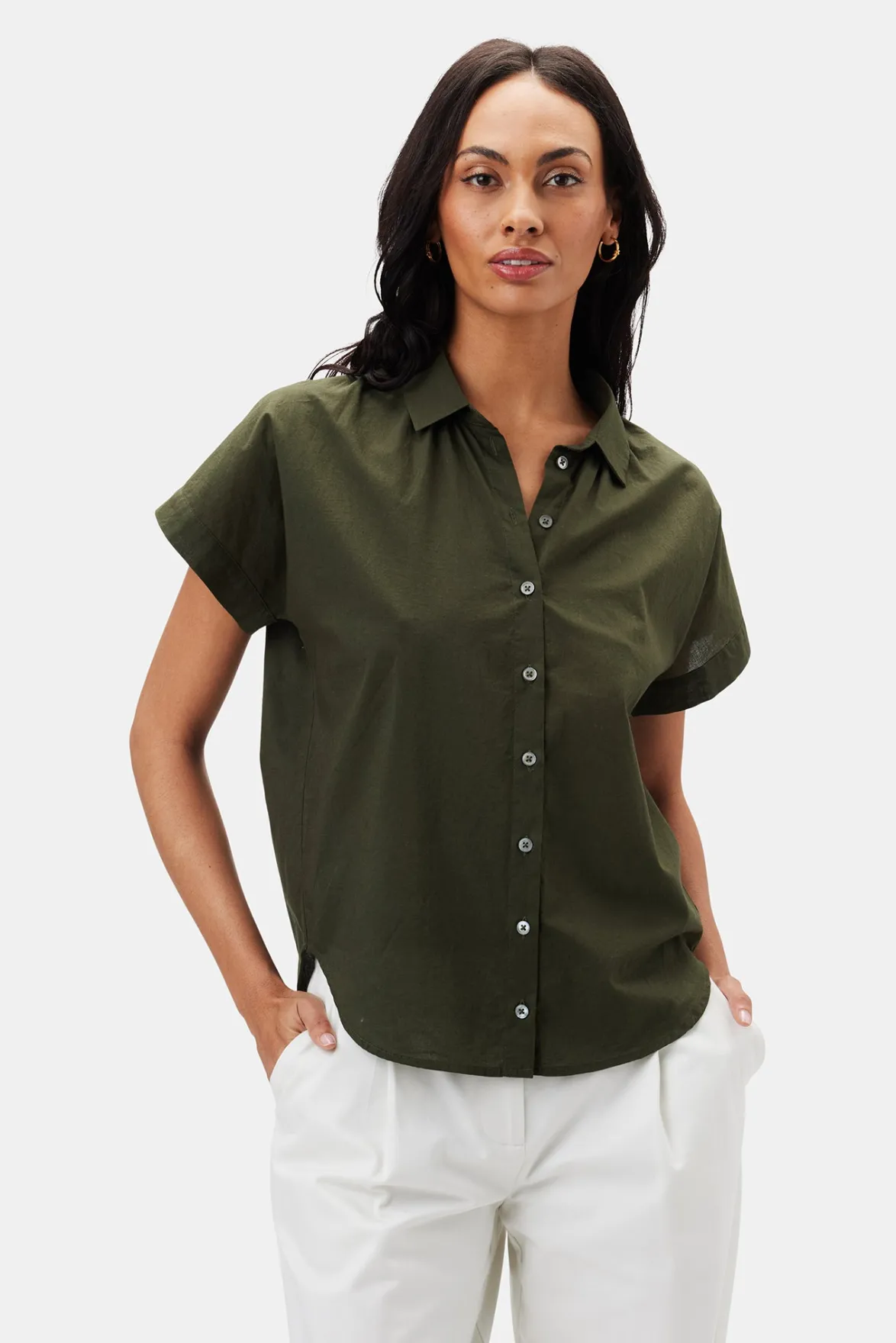 Tops|Clearance^Amour Vert Renata Full Placket Blouse OliveGreen