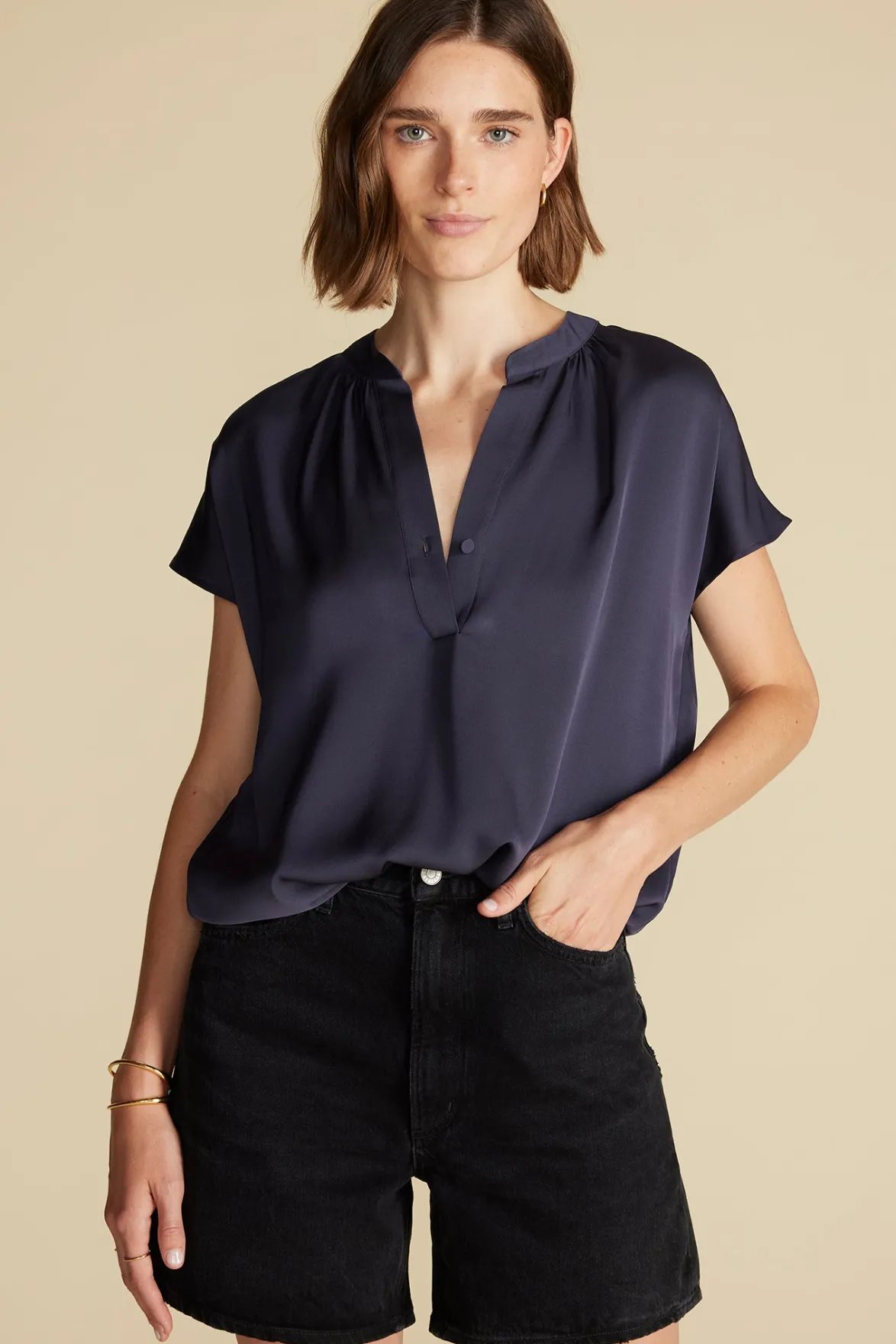 Blouses & Shirts|Tops^Amour Vert Renata Stretch Silk Blouse NightSkyBlue