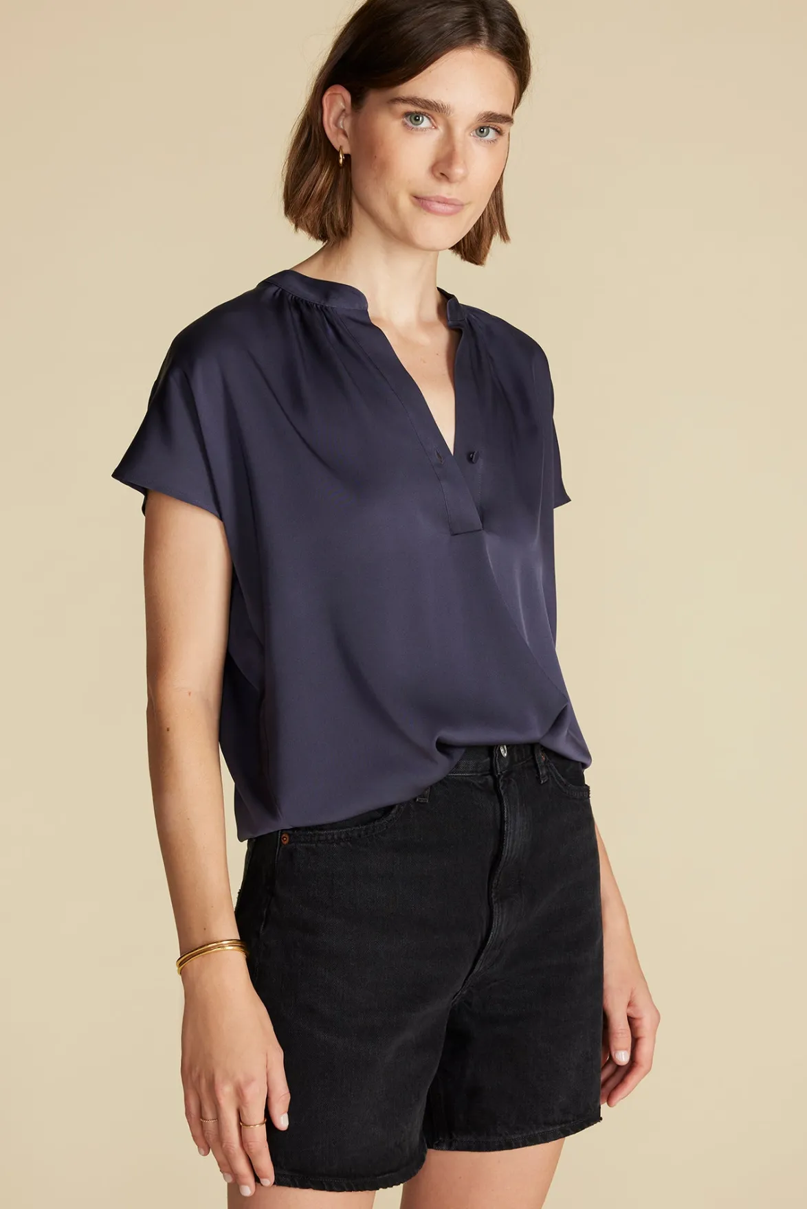 Blouses & Shirts|Tops^Amour Vert Renata Stretch Silk Blouse NightSkyBlue