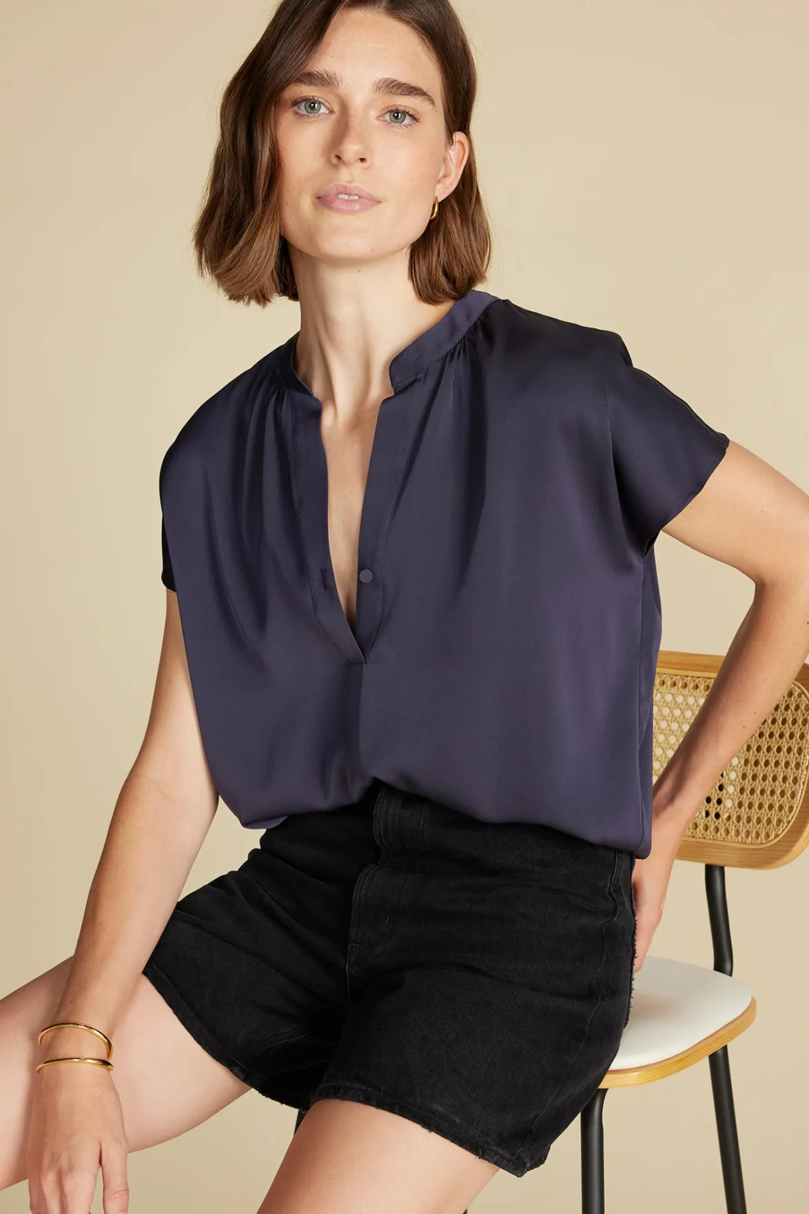Blouses & Shirts|Tops^Amour Vert Renata Stretch Silk Blouse NightSkyBlue