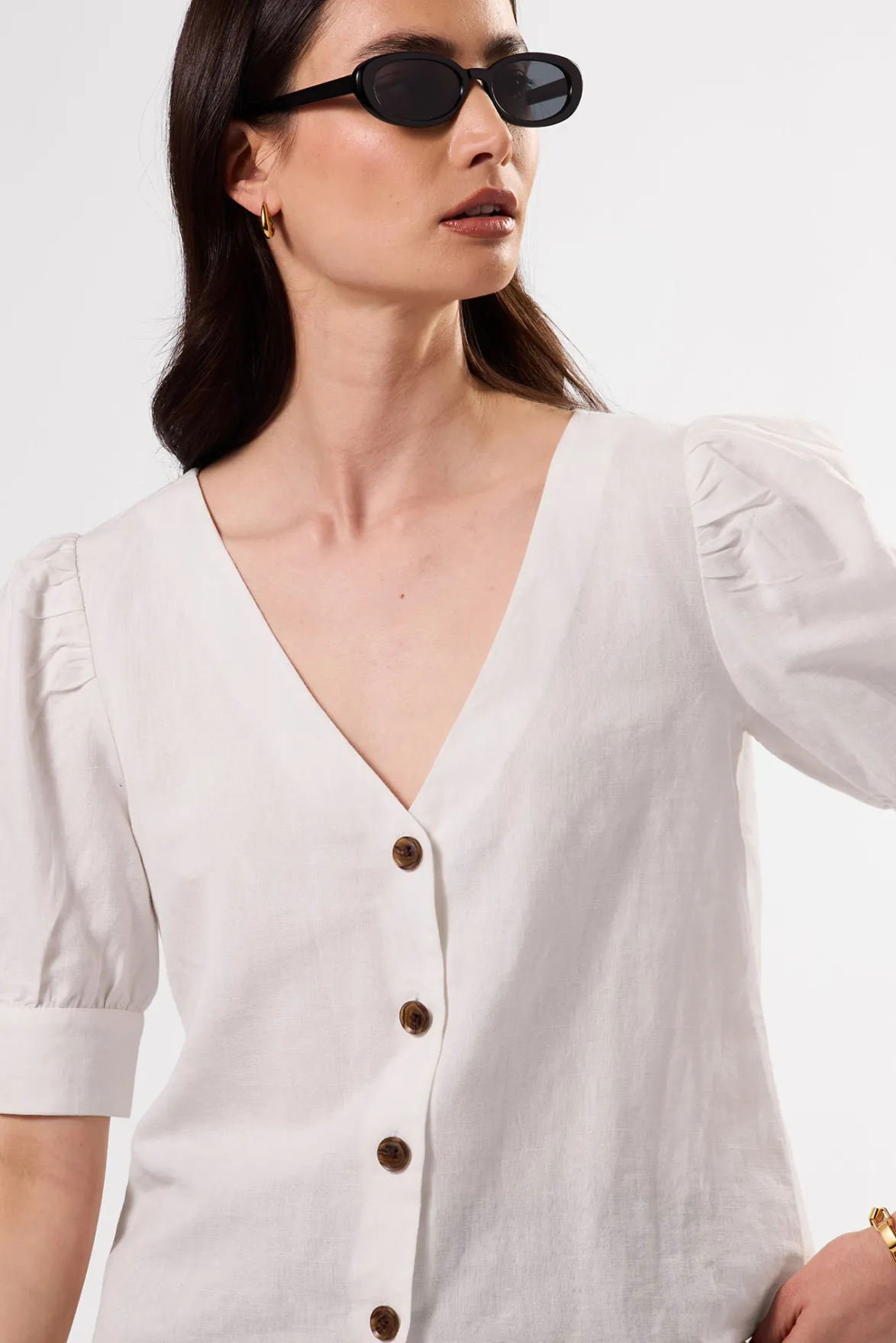 Tops|Clearance^Amour Vert V Neck Cuff Sleeved Blouse White