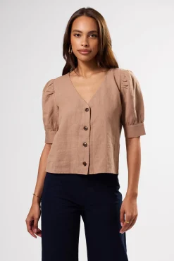 Tops|Clearance^Amour Vert V Neck Cuff Sleeved Blouse Sand