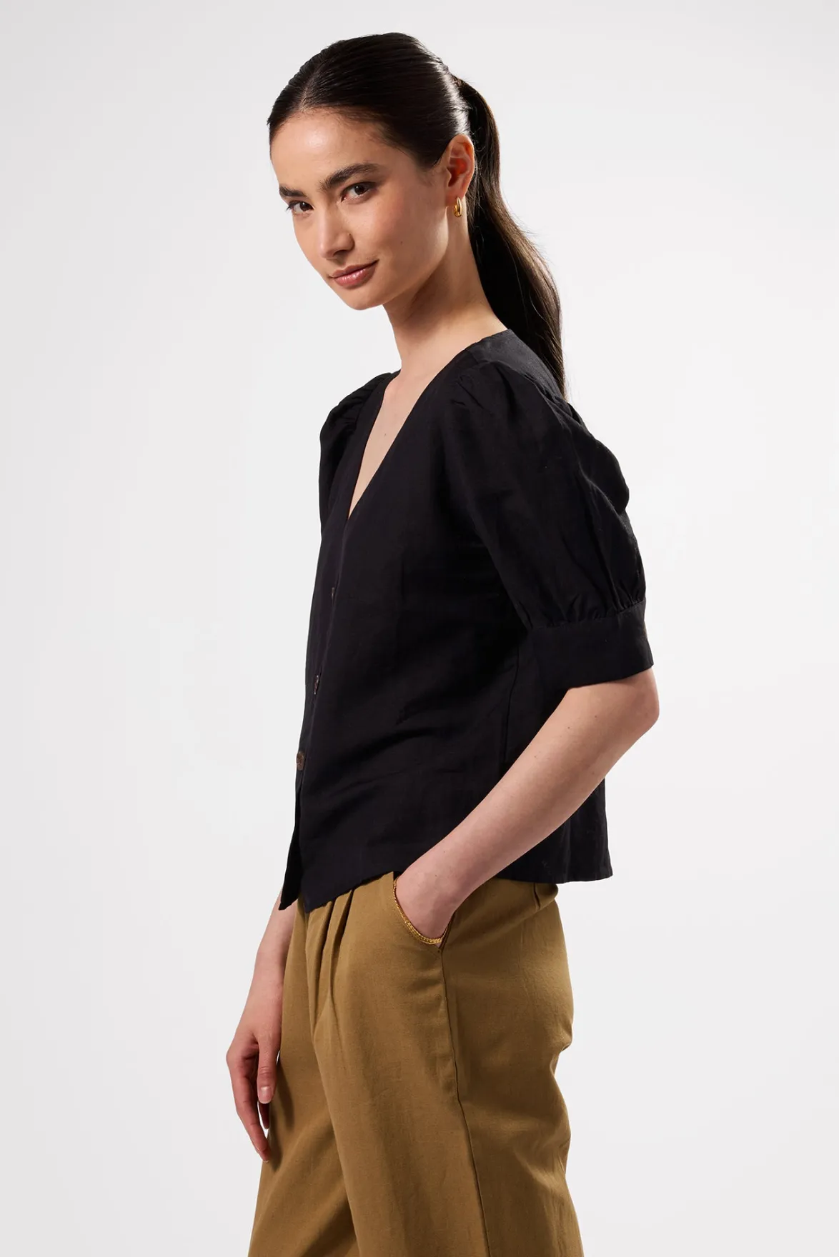 Tops|Clearance^Amour Vert V Neck Cuff Sleeved Blouse Black