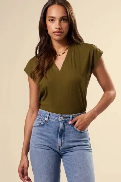Tops|Tees^Amour Vert V Neck Solid Tee OliveGreen