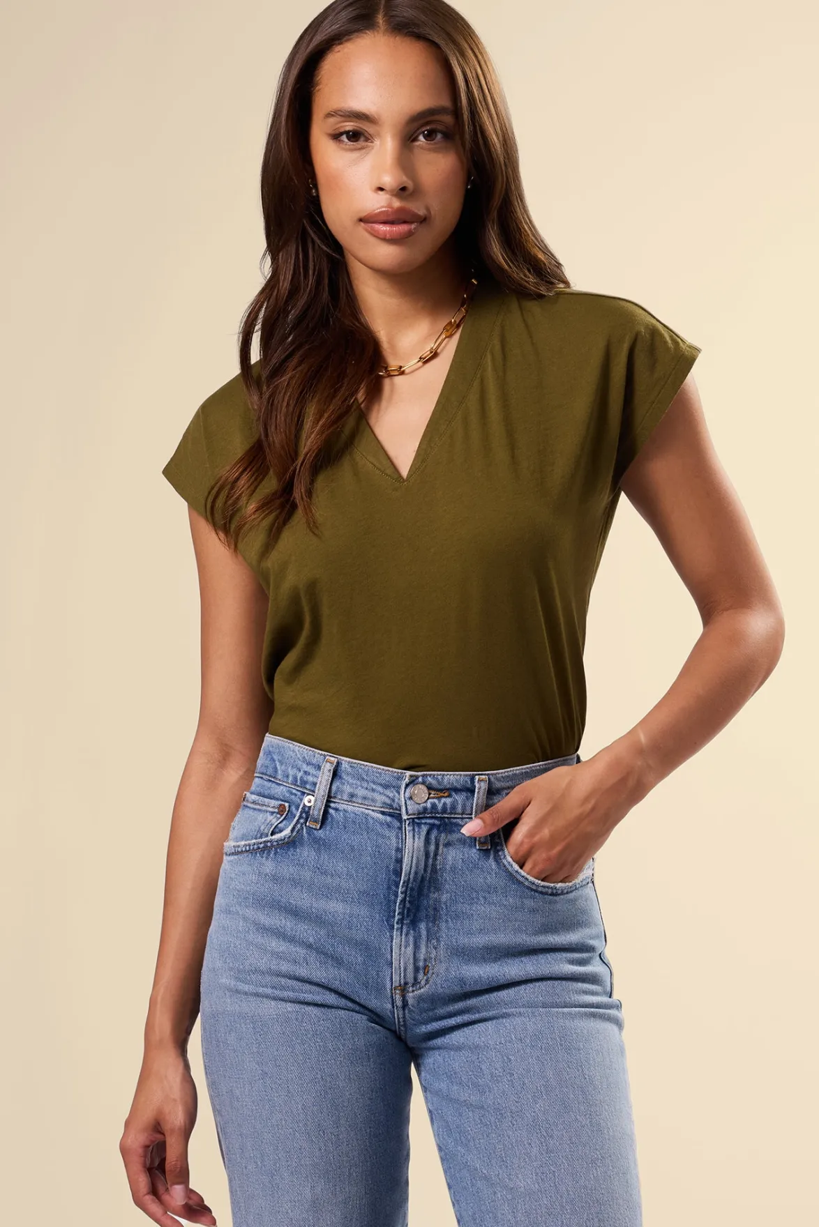 Tops|Tees^Amour Vert V Neck Solid Tee OliveGreen