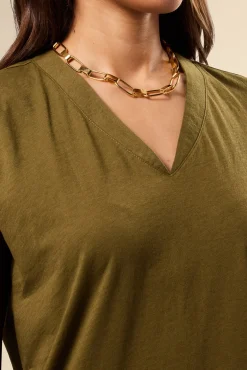 Tops|Tees^Amour Vert V Neck Solid Tee OliveGreen