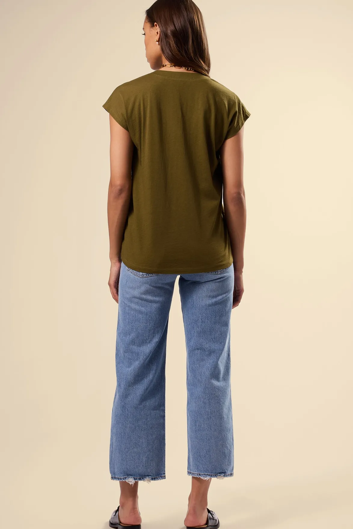 Tops|Tees^Amour Vert V Neck Solid Tee OliveGreen